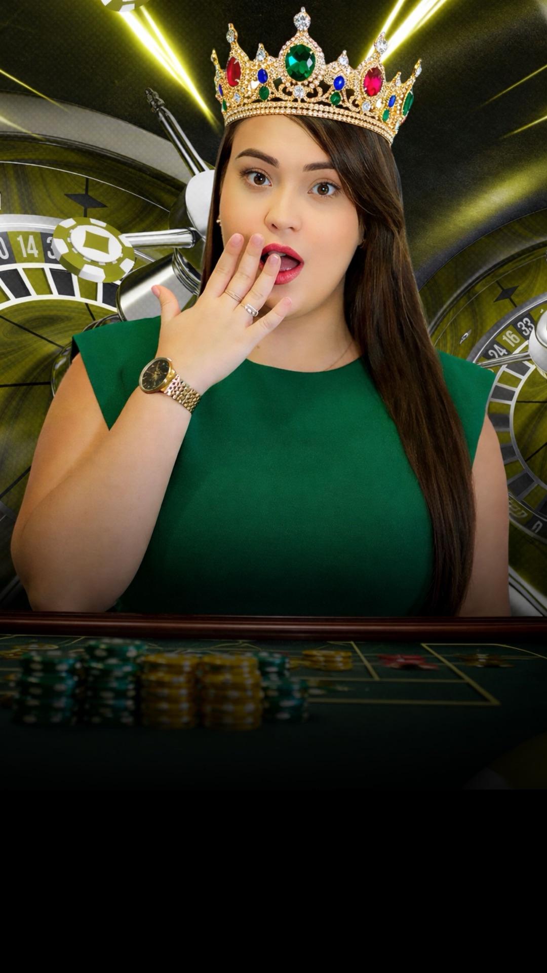 Rainha da Sorte diante de uma mesa de roleta